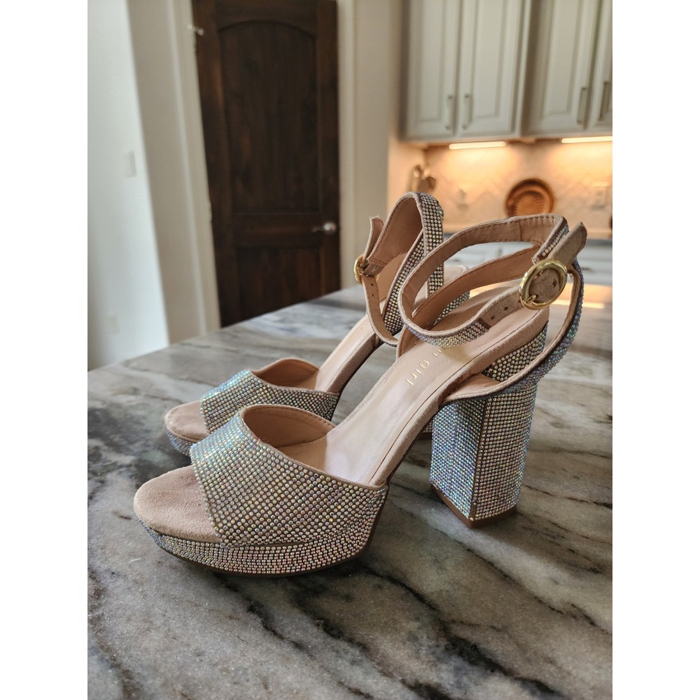 Madden Girl Summit Women's Glitz Rhinestone‎ Dress Block Heels Tan Size 8